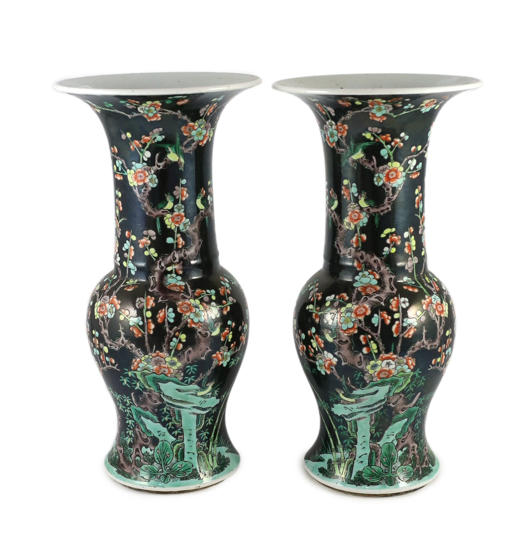 A pair of large Chinese famille noire yen-yen vases, six character Kangxi marks but 19th century, 44 cm high